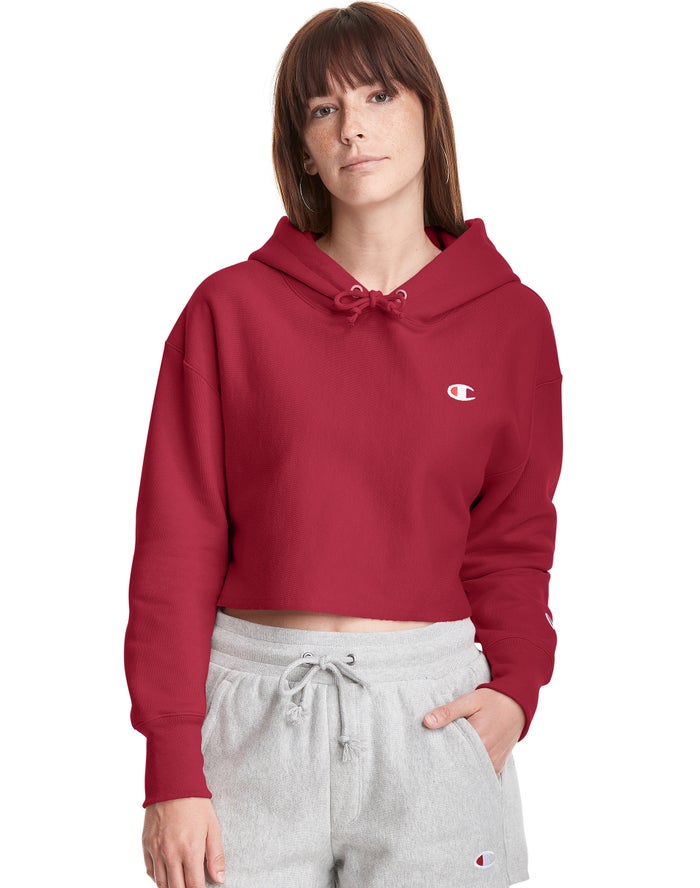 Champion Dame Hættetrøje MørkeRød - Reverse Weave Cropped Cut-Off C Logo - Danmark GKX-431597